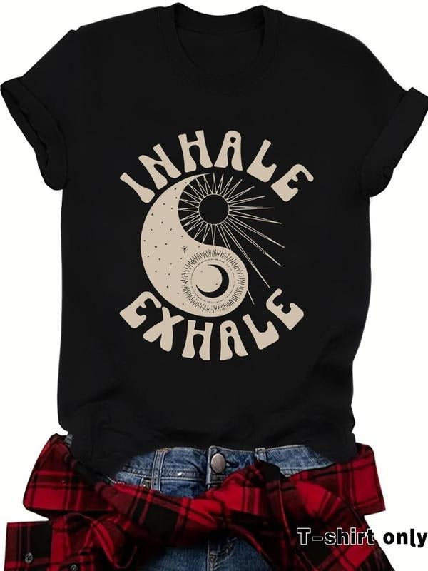Women's Letter & Yin Yang Print Round Neck Tee, Vintage Trendy Casual Short Sleeve T-shirt for Daily Wear, Ladies Summer...