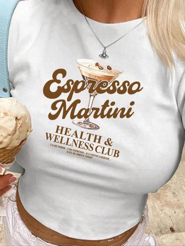 Women's Letter Beverage Print Round Neck Crop Tee, Fashion Casual Crew Neck Short Sleeve T-shirt for Daily Outdoor Wear,...