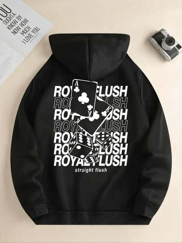 Women's Letter Poker Print Drop Shoulder Thermal Lined Drawstring Hoodie, Fashion Casual Kangaroo Pocket Hooded...