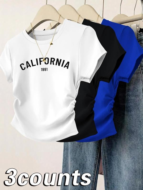 Women's Letter Print Crop Tee, Casual Short Sleeve Round Neck T-shirt for Daily Wear, Ladies Clothes for All Seasons, Top...
