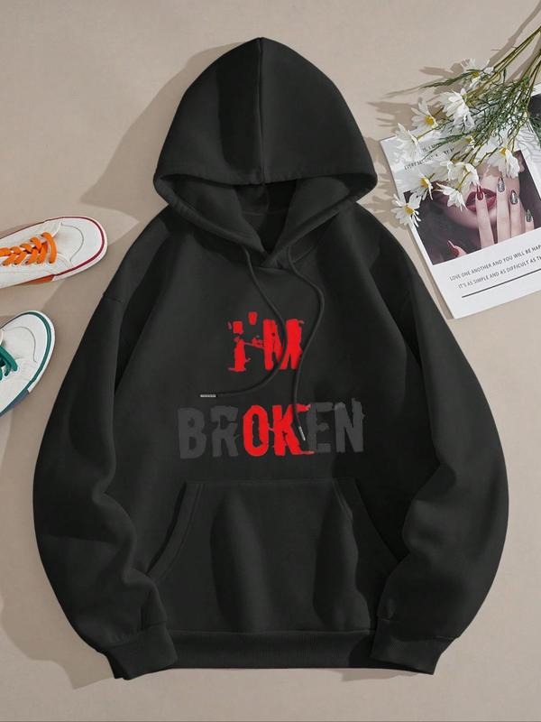 Women's Letter Print Drawstring Pocket Hoodie, Casual Drop Shoulder Long Sleeve Hooded Sweatshirt, Ladies Fall & Winter...