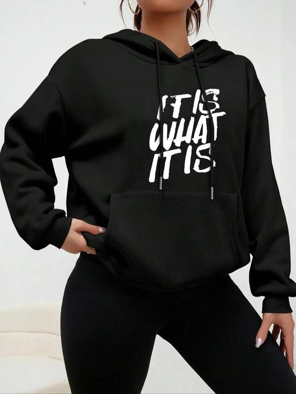 Women's Letter Print Drop Shoulder Drawstring Hoodie, Fashion Casual Kangaroo Pocket Hooded Sweatshirt for Daily Holiday...