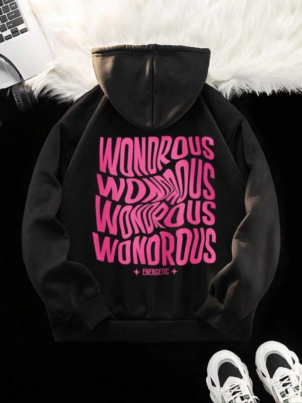 Women's Letter Print Drop Shoulder Drawstring Hoodie, Fashion Casual Kangaroo Pocket Hooded Sweatshirt for Daily Holiday...