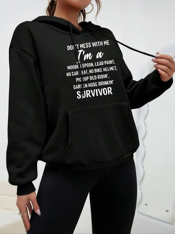 Women's Letter Print Drop Shoulder Drawstring Hoodie, Fashion Casual Kangaroo Pocket Hooded Sweatshirt for Daily Holiday...