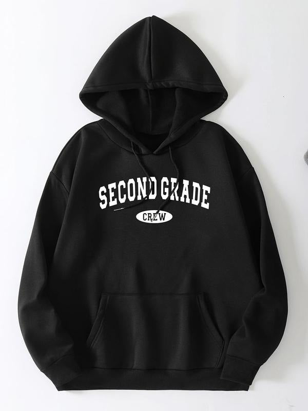 Women's Letter Print Drop Shoulder Drawstring Hoodie, Fashion Casual Kangaroo Pocket Hooded Sweatshirt for Daily Holiday...