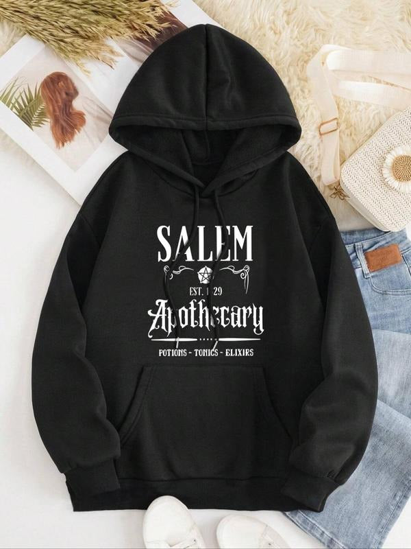 Women's Letter Print Drop Shoulder Drawstring Hoodie, Fashion Casual Kangaroo Pocket Hooded Sweatshirt for Daily Holiday...