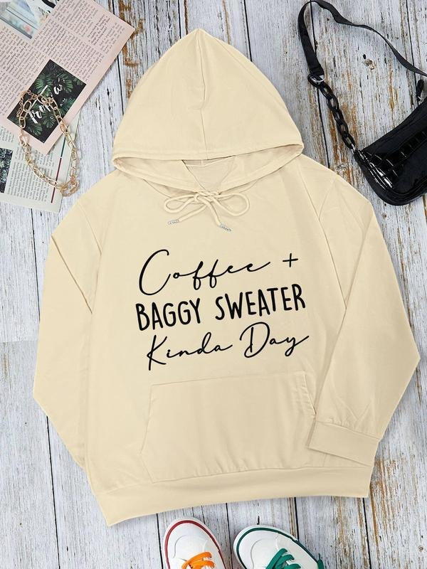 Women's Letter Print Drop Shoulder Drawstring Hoodie, Fashion Casual Kangaroo Pocket Hooded Sweatshirt for Daily Holiday...