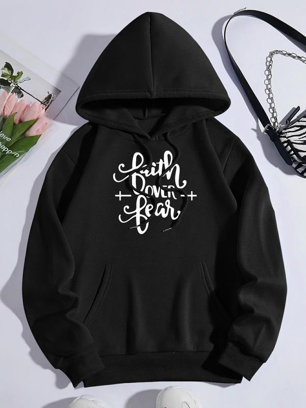 Women's Letter Print Drop Shoulder Drawstring Hoodie, Fashion Casual Pocket Hooded Sweatshirt for Daily Holiday Outdoor...