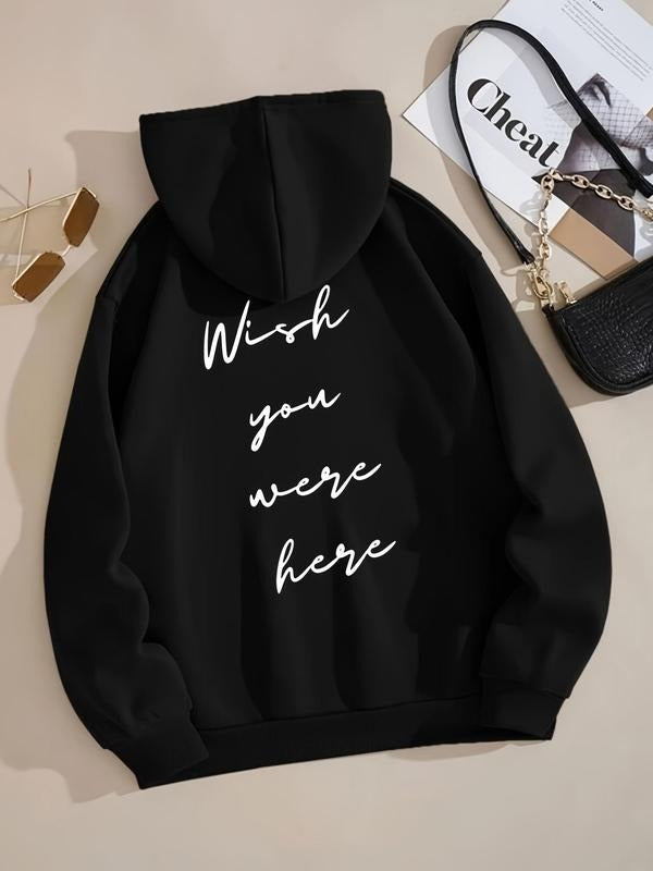 Women's Letter Print Drop Shoulder Drawstring Hoodie, Fashion Casual Thermal Lined Kangaroo Pocket Hooded Sweatshirt for...