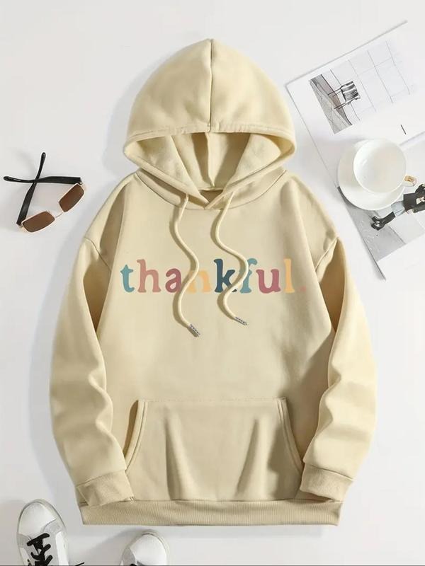 Women's Letter Print Drop Shoulder Hoodie, Fashion Casual Drawstring Pocket Hooded Sweatshirt for Daily Holiday Outdoor...