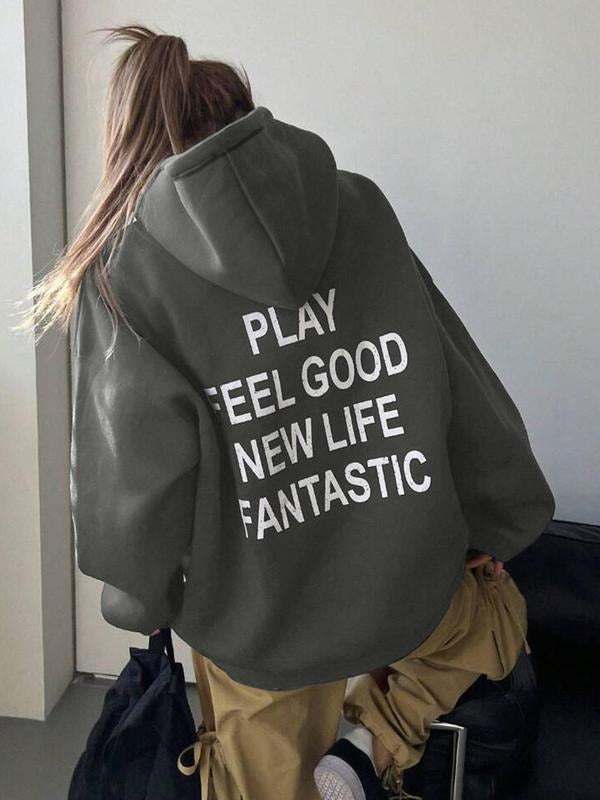 Women's Letter Print Drop Shoulder Hoodie, Fashion Casual Drawstring Pocket Hooded Sweatshirt for Daily Holiday Outdoor...