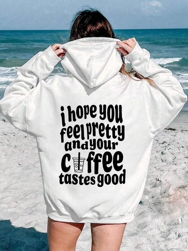 Women's Letter Print Drop Shoulder Hoodie, Fashion Casual Drawstring Pocket Hooded Sweatshirt for Daily Holiday Outdoor...