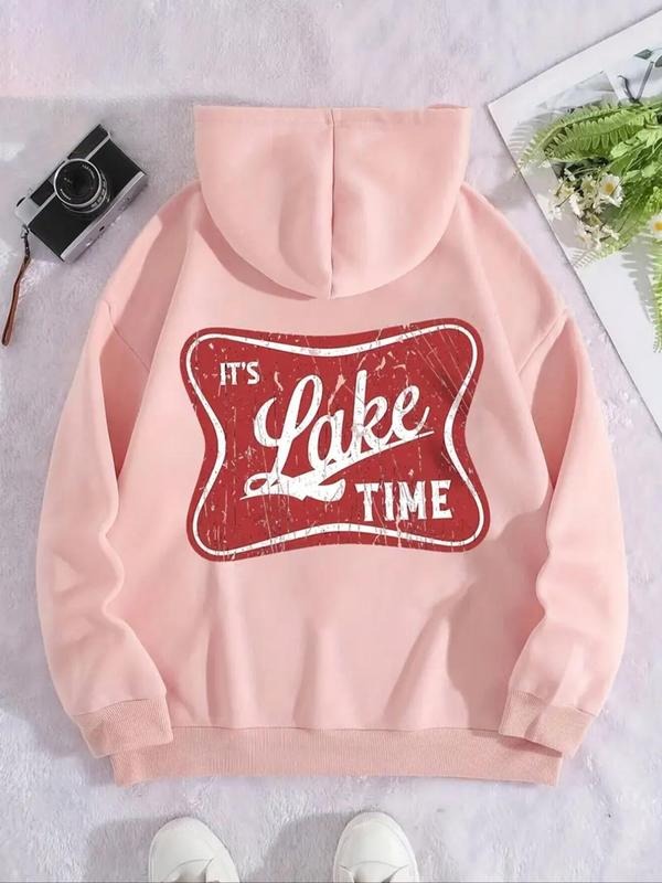 Women's Letter Print Drop Shoulder Hoodie, Fashion Casual Drawstring Pocket Hooded Sweatshirt for Daily Holiday Outdoor...