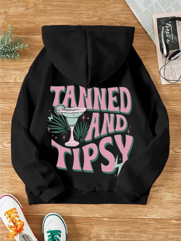 Women's Letter Print Drop Shoulder Hoodie, Fashion Casual Drawstring Pocket Hooded Sweatshirt for Daily Holiday Outdoor...