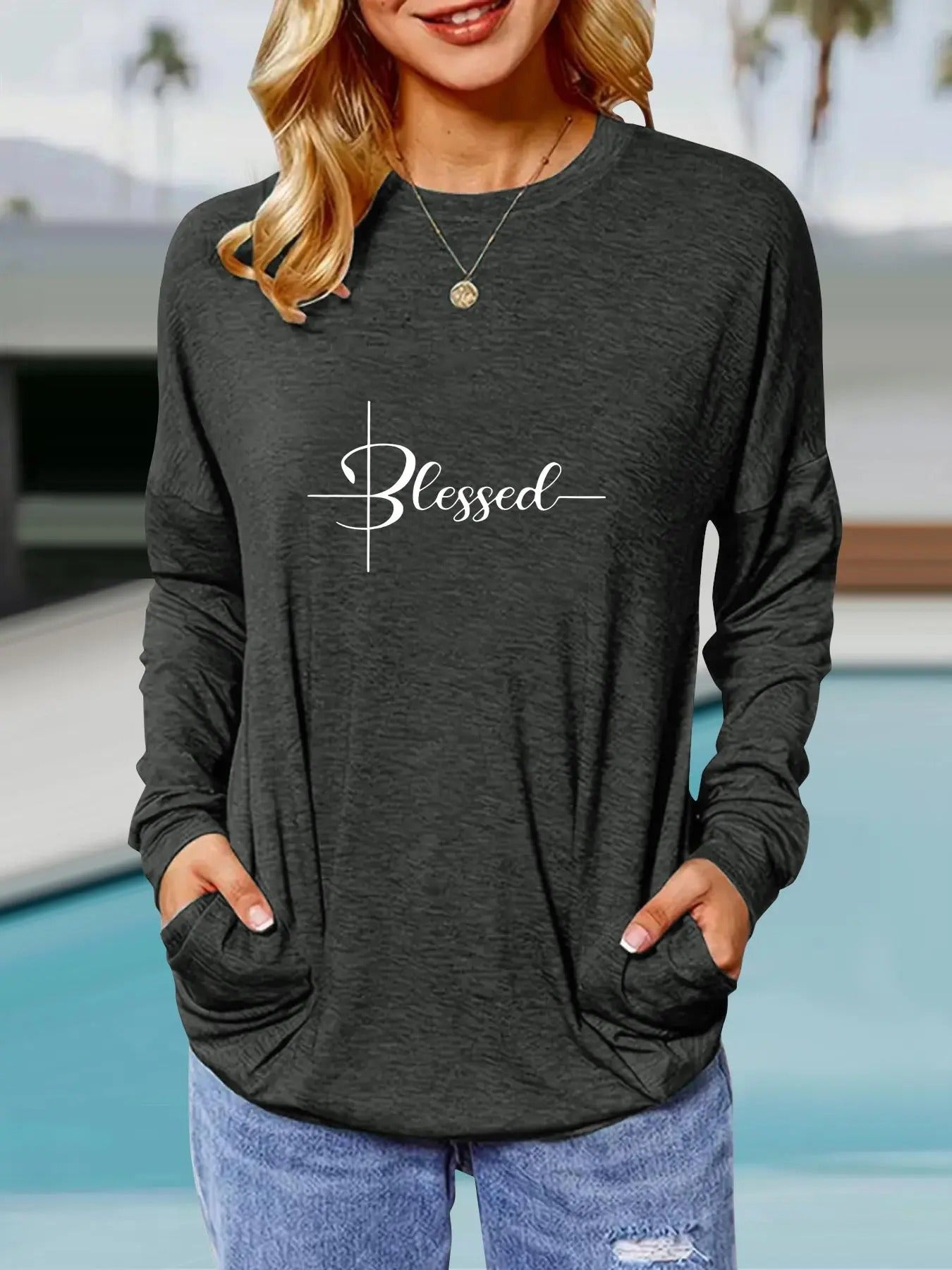 Women's Letter Print Drop Shoulder Pocket Tee, Casual Long Sleeve Round Neck T-shirt for Spring & Fall, Women's Top for...
