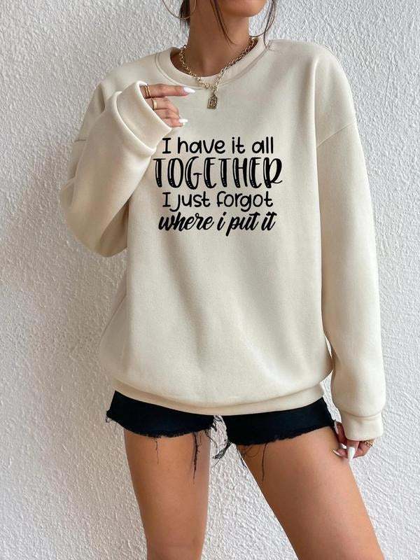 Women's Letter Print Drop Shoulder Sweatshirt Without Necklace, Casual Long Sleeve Round Neck Pullover For Fall & Winter,...