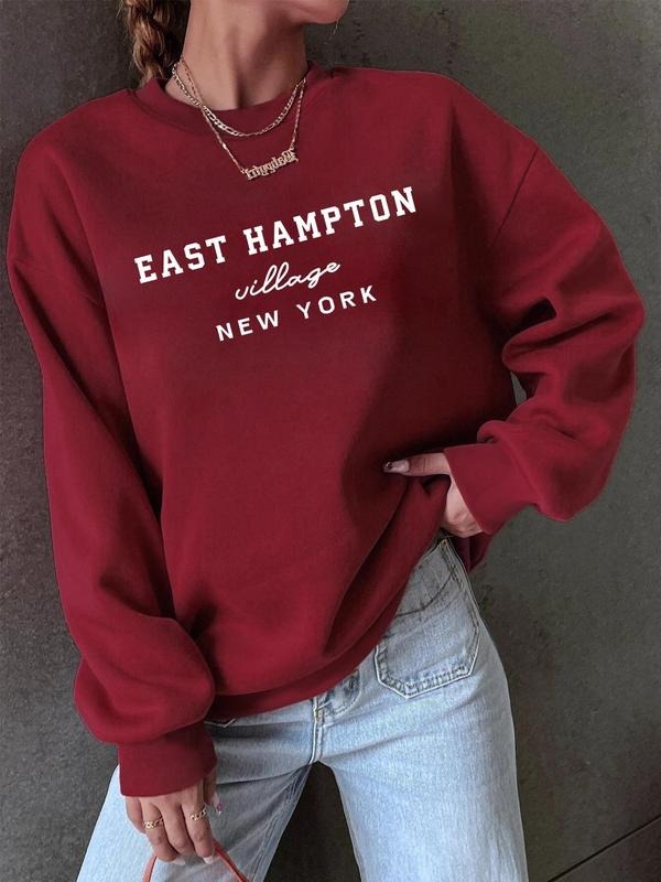 Women's Letter Print Drop Shoulder Sweatshirt, Casual Long-Sleeve Round Neck Pullover For Fall & Winter, Women's Clothing...