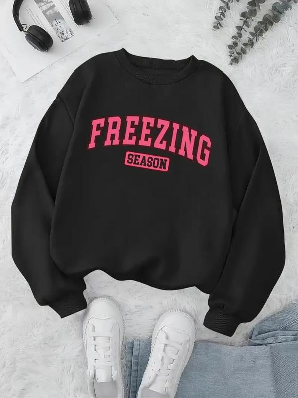 Women's Letter Print Drop Shoulder Sweatshirt, Casual Long Sleeve Round Neck Pullover for Fall & Winter, Ladies Clothes...
