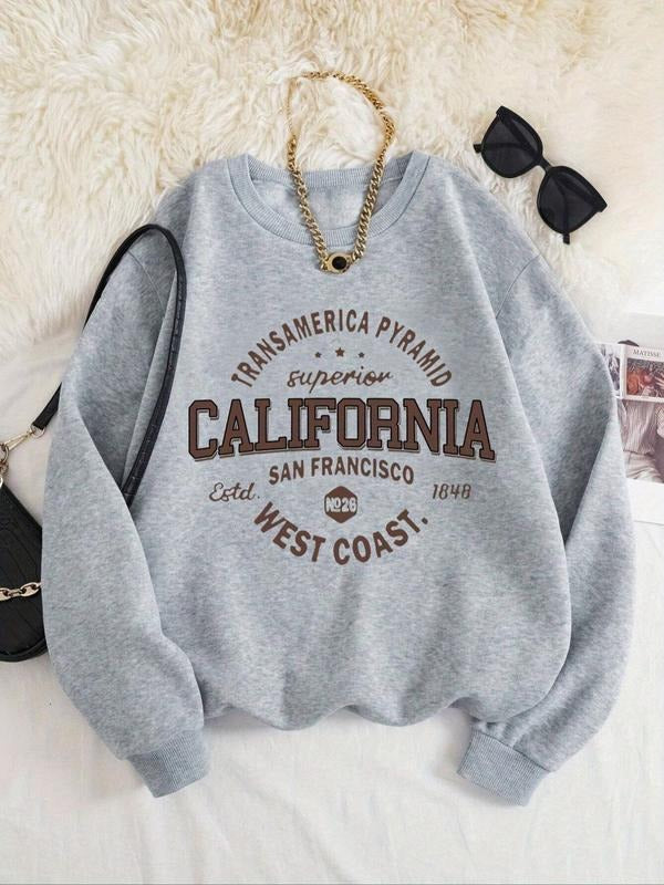 Women's Letter Print Drop Shoulder Sweatshirt, Casual Long Sleeve Round Neck Pullover for Fall & Winter, Women's Clothes...