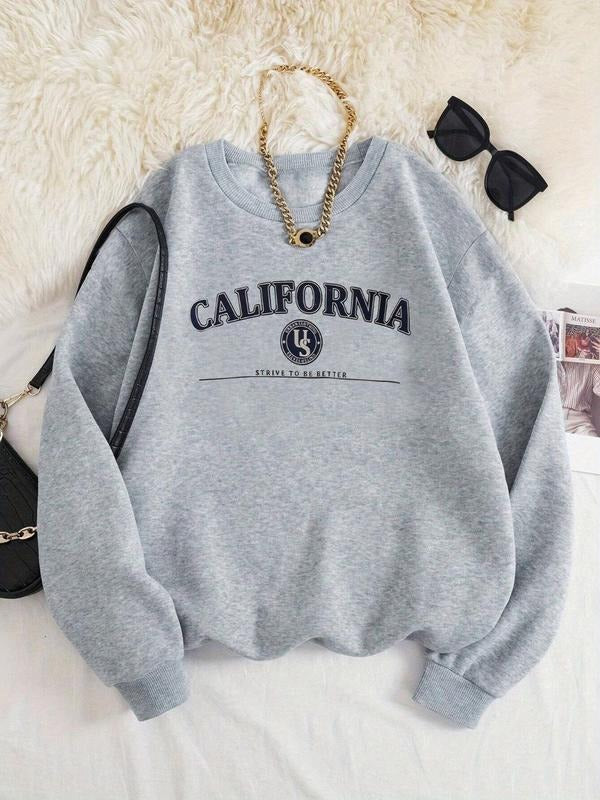 Women's Letter Print Drop Shoulder Sweatshirt, Casual Long Sleeve Round Neck Pullover for Fall & Winter, Women's Clothes...