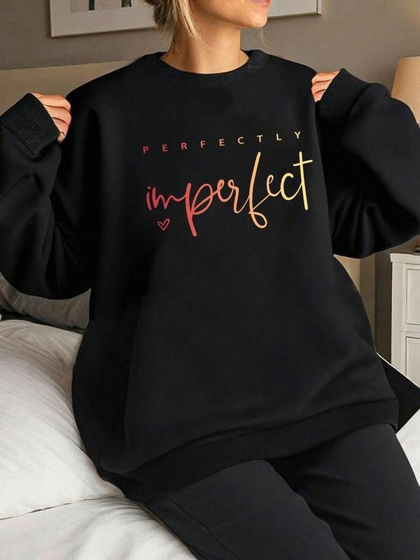 Women's Letter Print Drop Shoulder Sweatshirt, Casual Long Sleeve Round Neck Pullover for Fall & Winter, Women's Clothes...