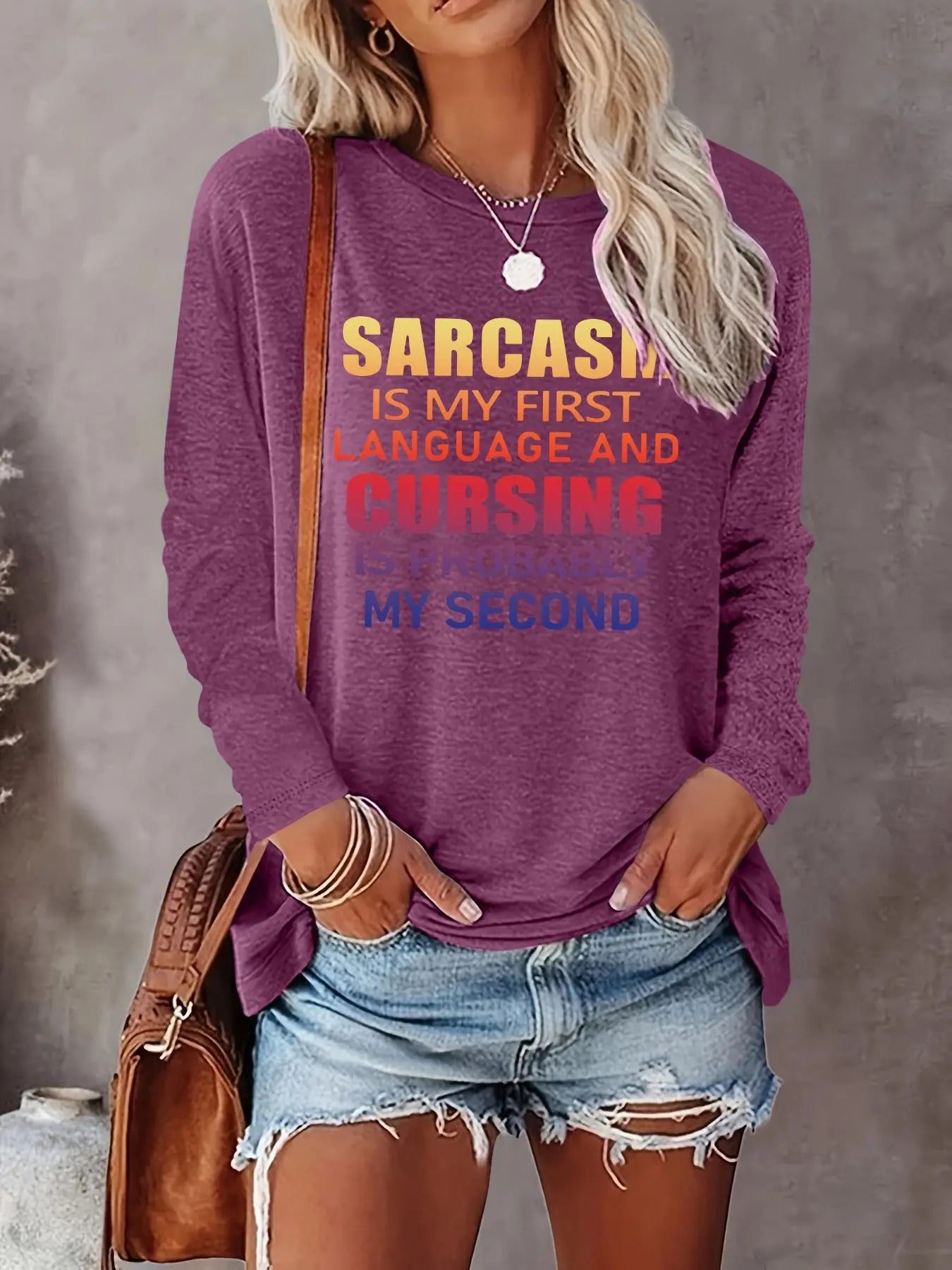 Women's Letter Print Drop Shoulder Tee, Casual Long Sleeve Round Neck T-shirt for Fall & Winter, Ladies Clothes for Daily...