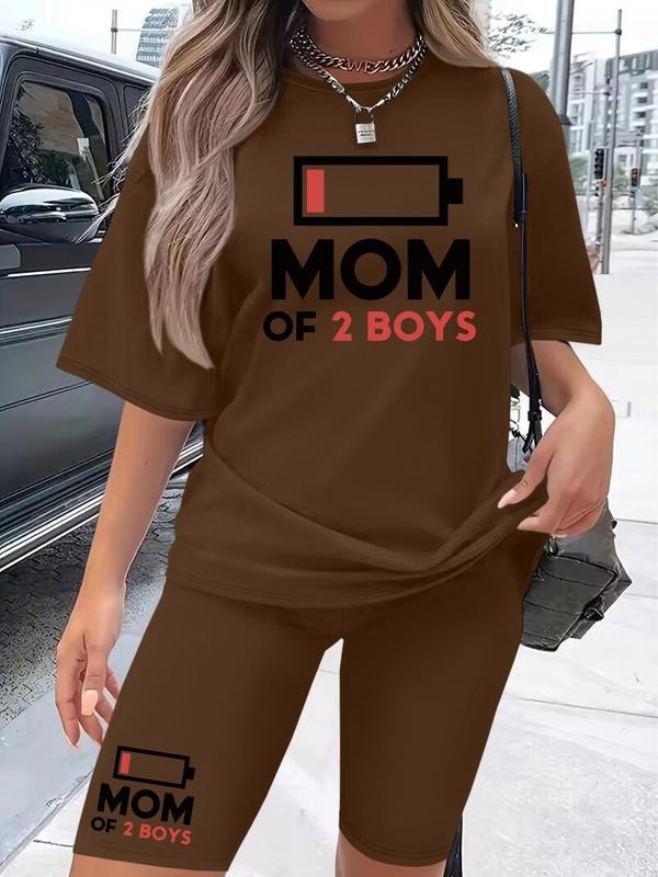 Women's Letter Print Mom Of Boys Tee & Skinny Shorts Set, Casual Short Sleeve T-shirt & Short Leggings, Ladies Two-piece...