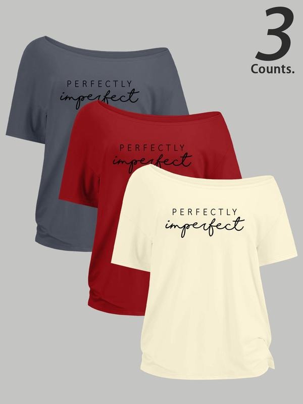Women's Letter Print One Shoulder Tee, Casual Short Sleeve T-shirt for Daily Wear, Ladies Clothes for All Seasons,...