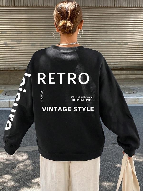 Women's Letter Print Retro Sweatshirt, Casual Long Sleeve Pullover for Fall & Winter, Women's Clothes for Daily Wear...