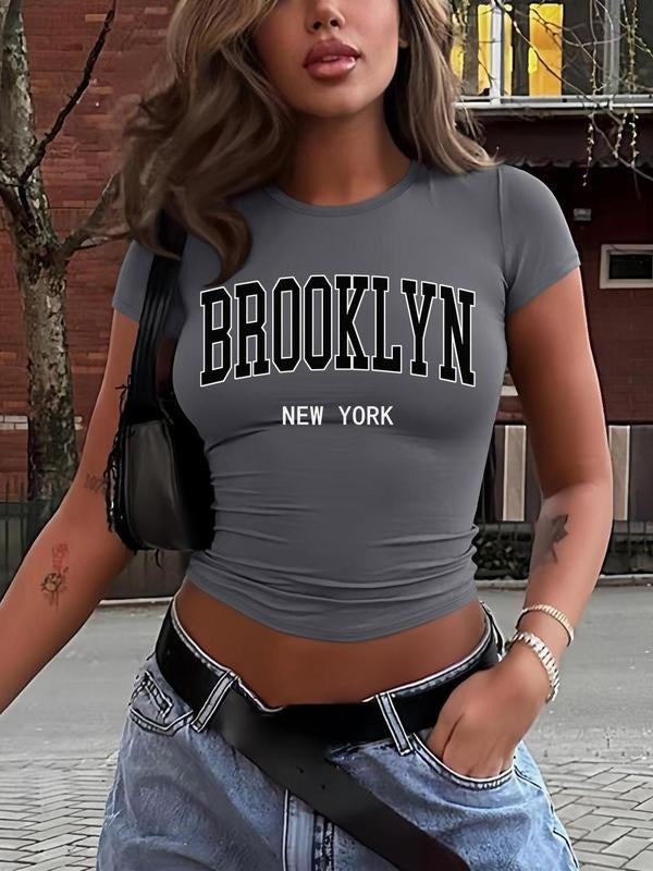 Women's Letter Print Round Neck Crop Tee, Casual Short Sleeve Crew Neck T-shirt for Daily Wear, Ladies Clothes for All...