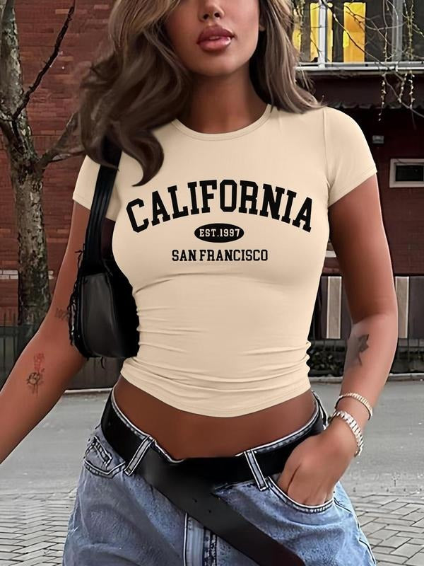 Women's Letter Print Round Neck Crop Tee, Casual Short Sleeve Crew Neck T-shirt for Daily Wear, Ladies Clothes for All...