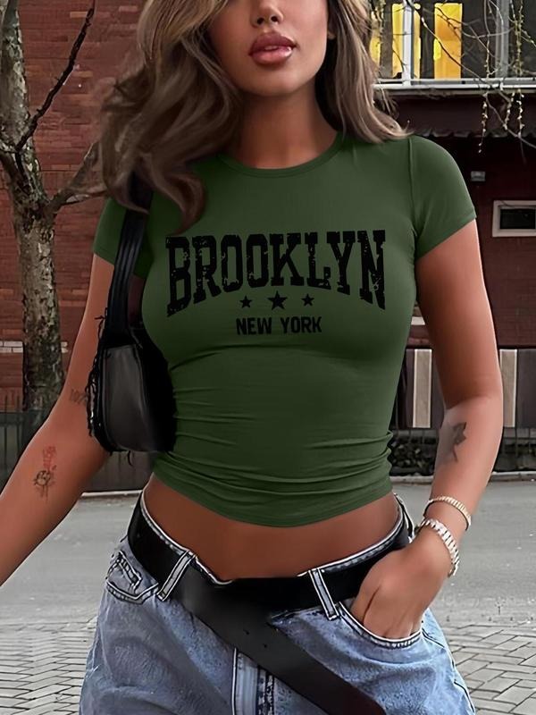 Women's Letter Print Round Neck Crop Tee, Casual Short Sleeve Crew Neck T-shirt for Daily Wear, Ladies Clothes for All...