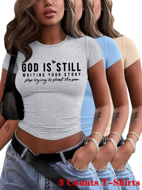 Women's Letter Print Round Neck Crop Tee, Casual Short Sleeve Crew Neck T-shirt for Daily Wear, Ladies Clothes for All...