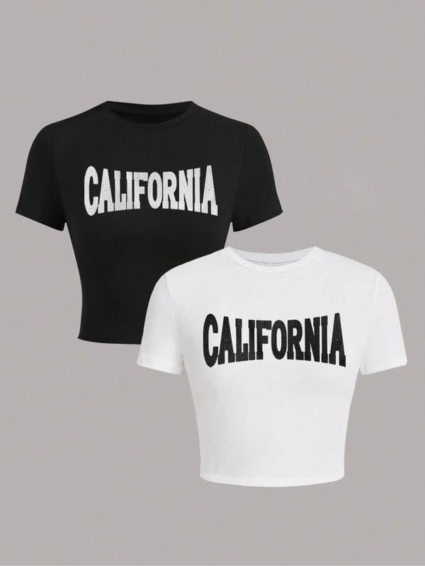 Women's Letter Print Round Neck Crop Tee, Casual Short Sleeve Crew Neck T-shirt for Daily Wear, Streetwear Tops for All...