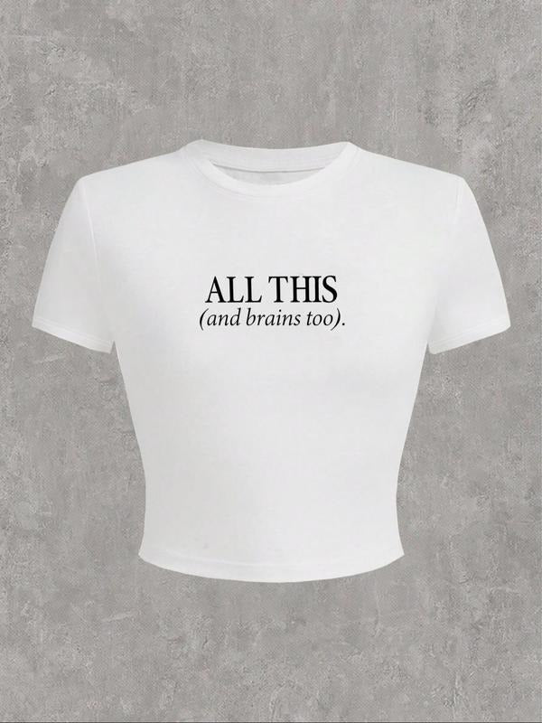 Women's Letter Print Round Neck Crop Tee, Casual Short Sleeve Cropped T-shirt for Daily Wear, Ladies All Seasons Top,...