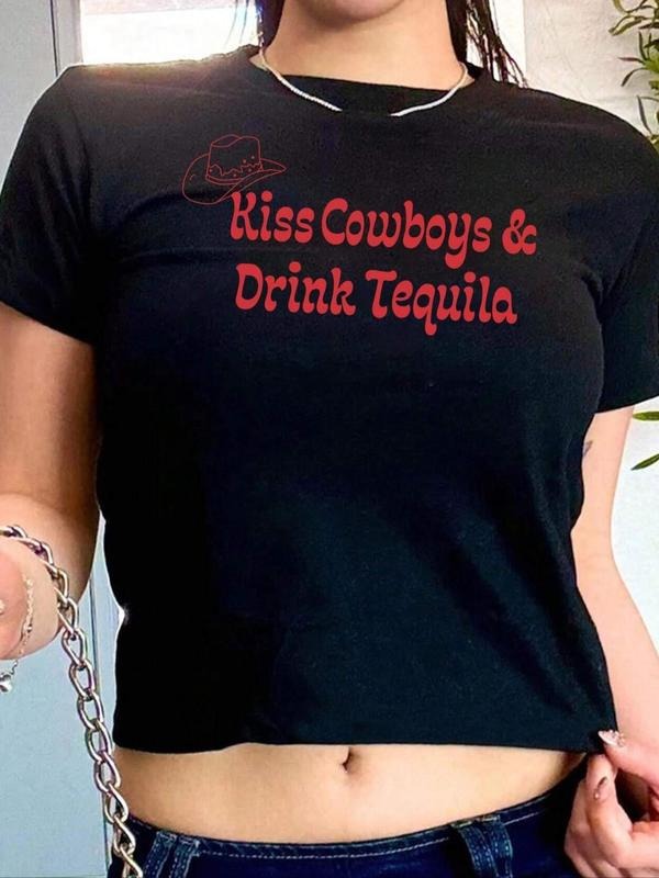 Women's Letter Print Round Neck Crop Tee, Casual Slim-fitting Short Sleeve T-shirt, Ladies Summer Clothes for Daily Wear...