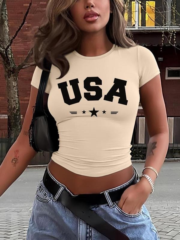 Women's Letter Print Round Neck Crop Tee, Casual Star & Striped Print Short Sleeve T-shirt for Daily Wear, Ladies Clothes...