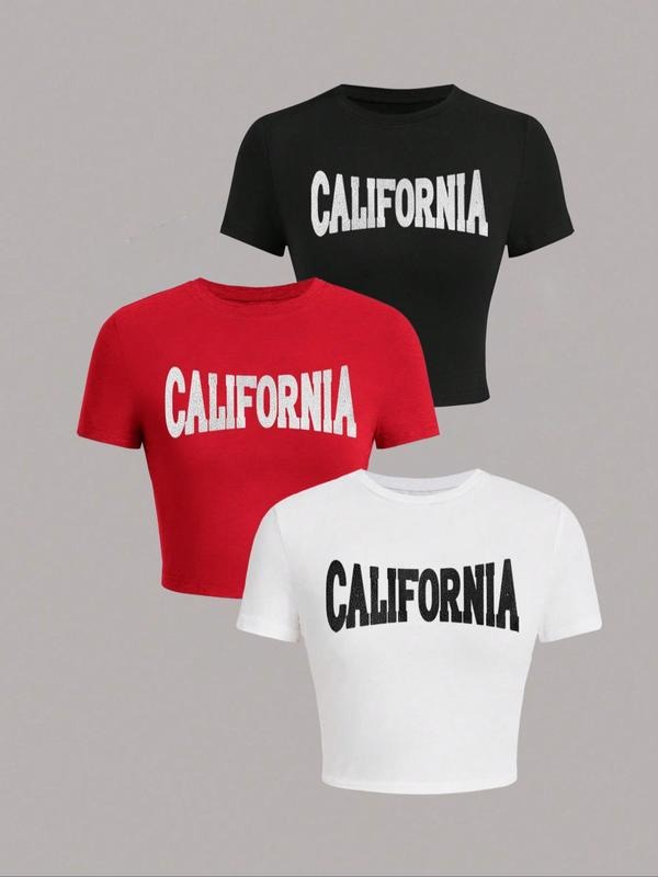 Women's Letter Print Round Neck Crop Tee, Fashion Casual Tight-fitting Short Sleeve T-shirt for Daily Wear, Ladies Summer...