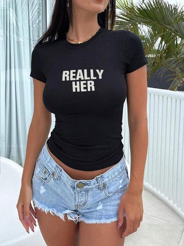Women's Letter Print Round Neck Crop Tee, Graphic Tees, Casual Short Sleeve T-shirt for Summer, Women's Top for Daily...
