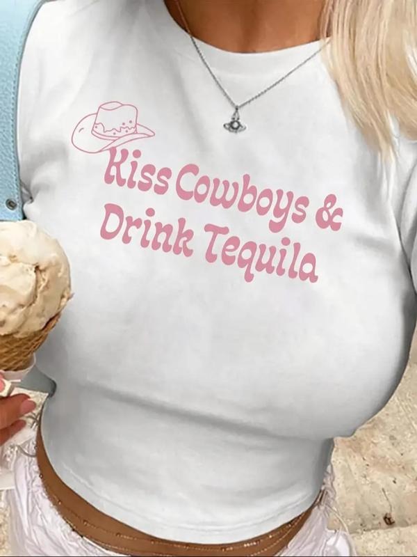 Women's Letter Print Round Neck Crop Tee, Y2K Trendy Casual Short Sleeve T-shirt for Daily Wear, Ladies Summer Outfit...