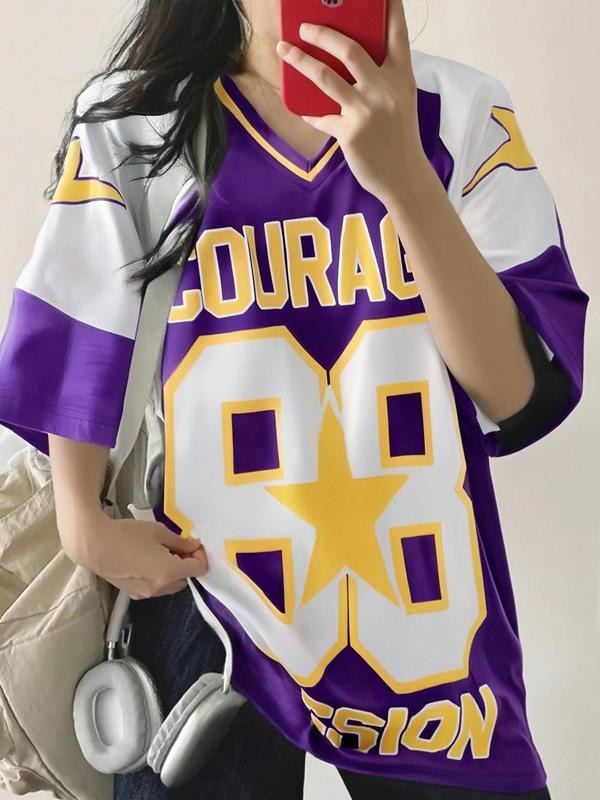 Women's Letter Print Round Neck Football Jersey, Casual Star & Number Print Short Sleeve T-shirt for Daily Wear, Ladies...