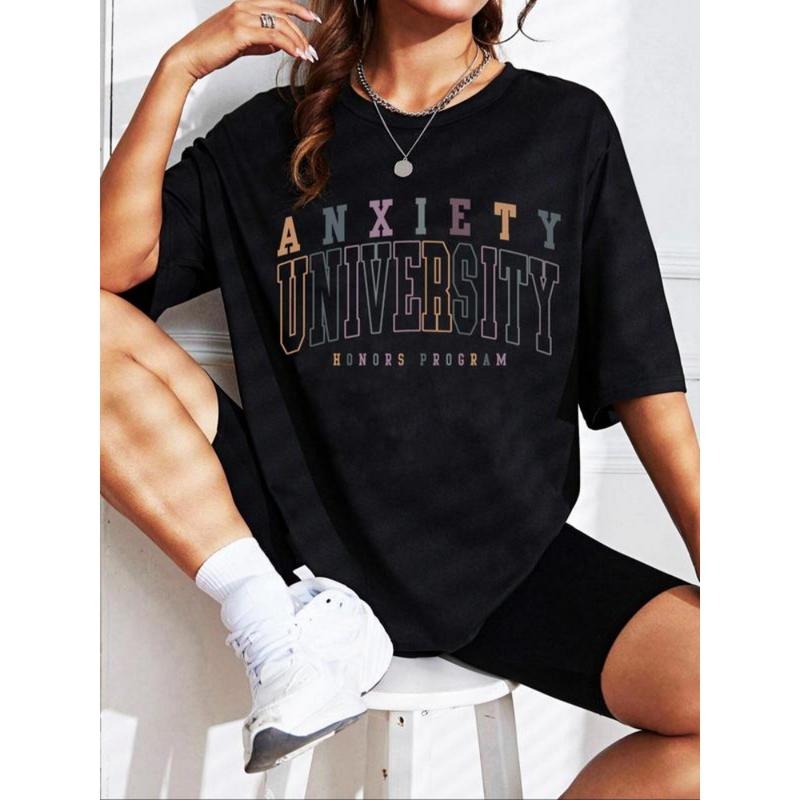 Women's Letter Print Round Neck Graphic Tee, Vintage Trendy Casual Half Sleeve Streetwear T-shirt for Daily Wear, Graphic...