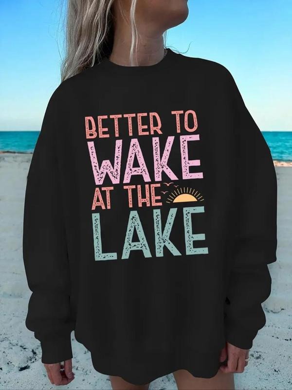 Women's Letter Print Round Neck Sweatshirt, Casual Long Sleeve Crew Neck Pullover for Daily Wear, Ladies Clothes for All...