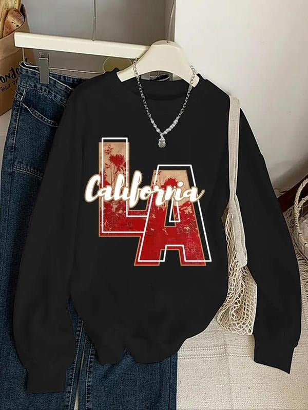 Women's Letter Print Round Neck Sweatshirt, Casual Long Sleeve Pullover for Fall & Winter, Women's Clothes for Daily Wear...