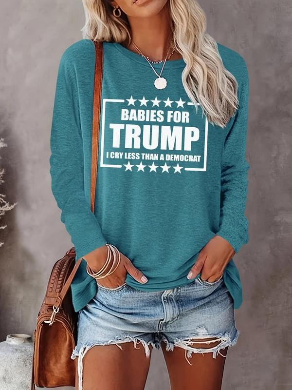 Women's Letter Print Round Neck T-shirt, Casual Long Sleeve Crew Neck T-shirt for Daily Wear, Ladies Clothes for All...