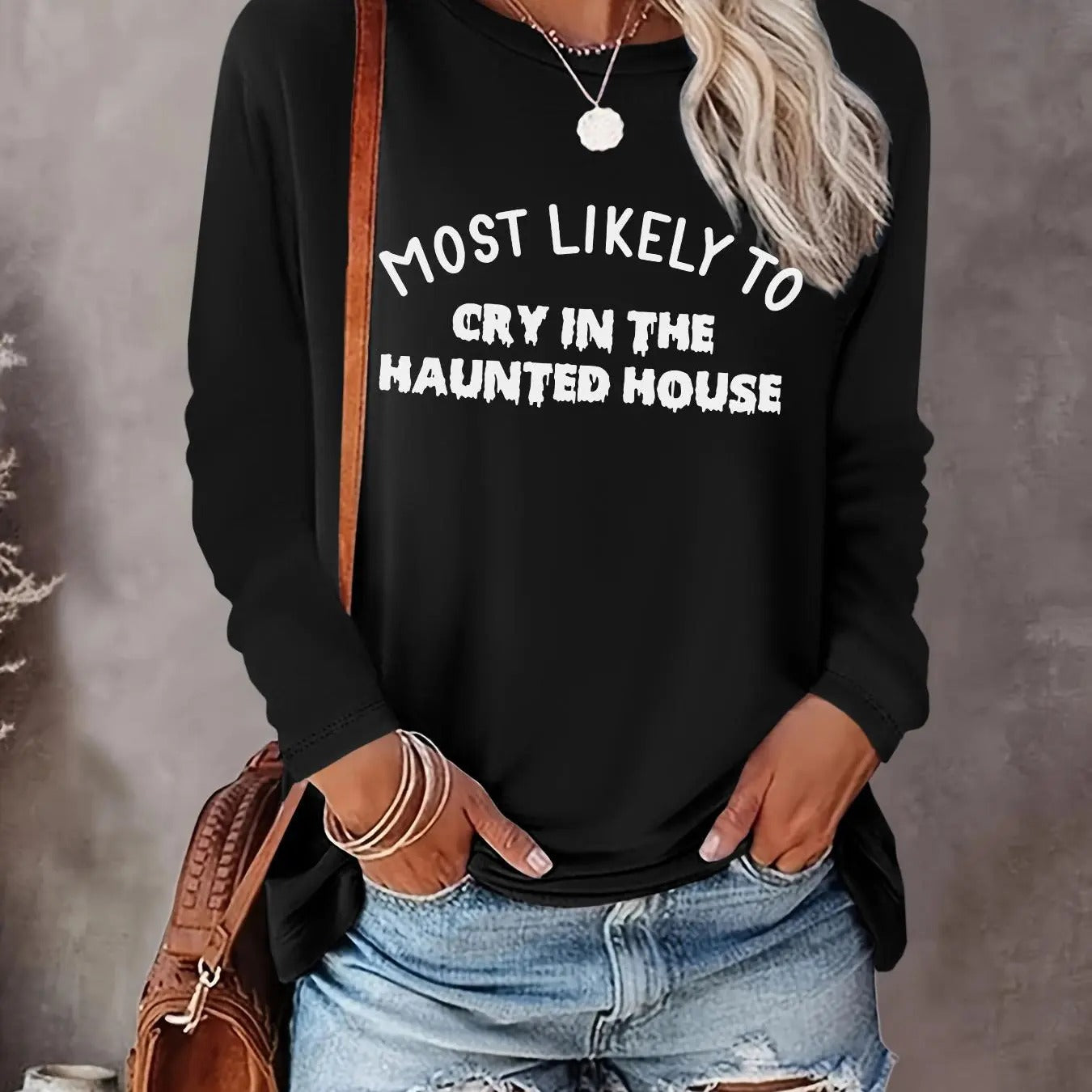 Women's Letter Print Round Neck Tee, Casual Long Sleeve Crew Neck T-shirt for All Seasons, Fashion Women's Top for Daily...