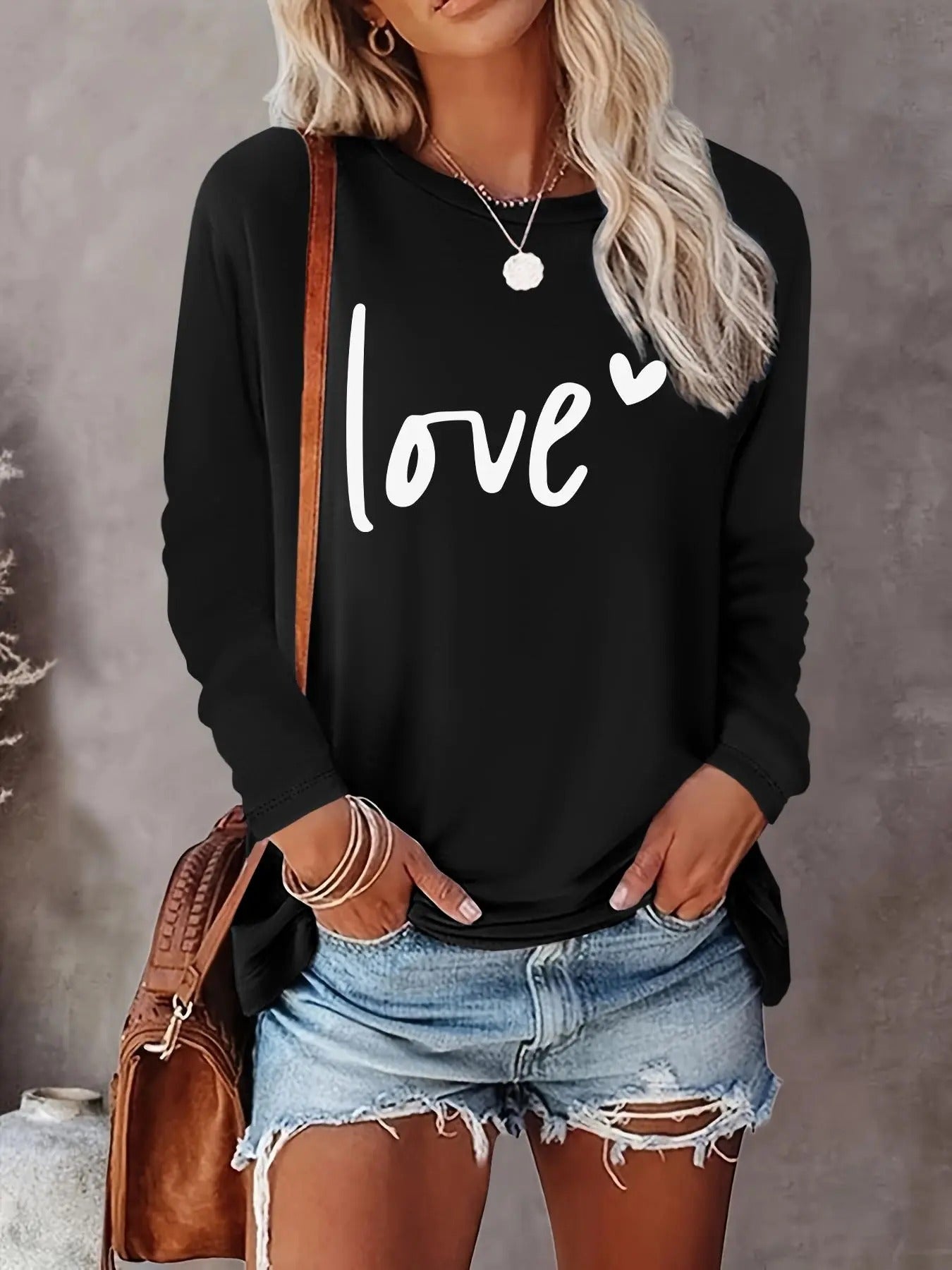 Women's Letter Print Round Neck Tee, Casual Long Sleeve Crew Neck T-shirt for Fall & Winter, Women's Top for Daily...