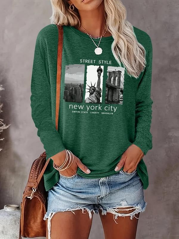 Women's Letter Print Round Neck Tee, Casual Long Sleeve Crew Neck T-shirt for Fall & Winter, Women's Top for Daily...