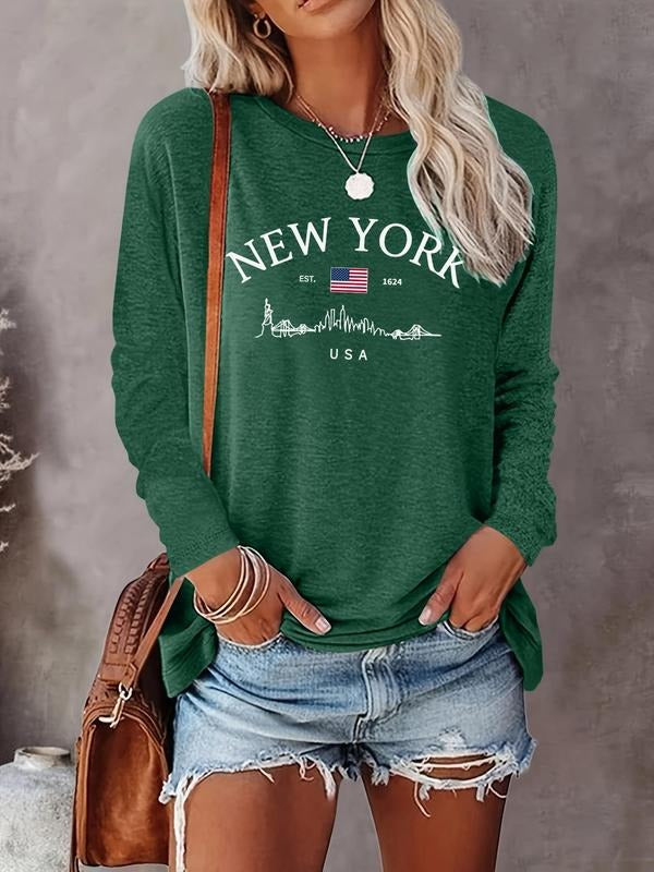 Women's Letter Print Round Neck Tee, Casual Long Sleeve Crew Neck T-shirt for Fall & Winter, Women's Top for Daily...