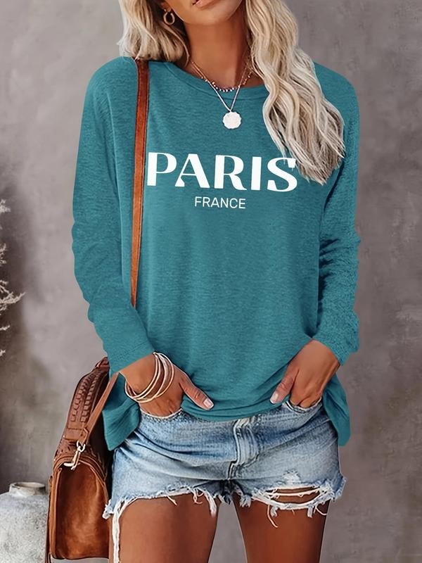Women's Letter Print Round Neck Tee, Casual Long Sleeve Crew Neck T-shirt for Fall & Winter, Women's Top for Daily...